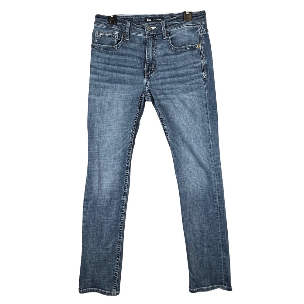 BKE Jake Straight Mens Blue Medium Wash Denim Jeans 30x30 Embroidery Whiskering